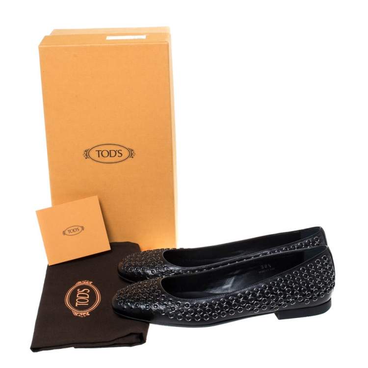 Pre Owned Tod's Black Leather Stitch Detail And Embellished Ballet Flats Size 38.5