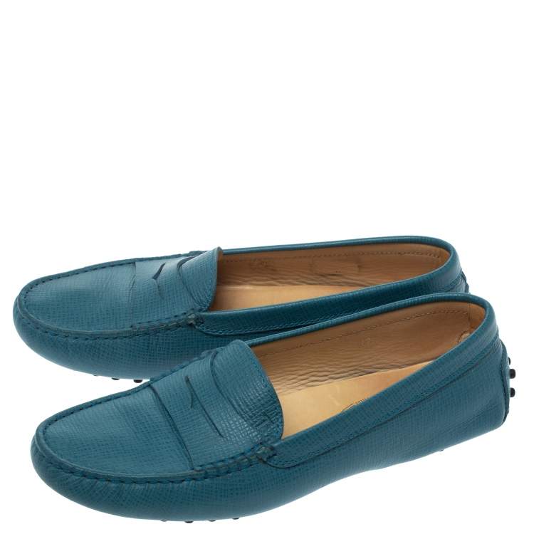 Pre Owned Tod's Blue Leather Gommino Slip On Loafers Size 37.5