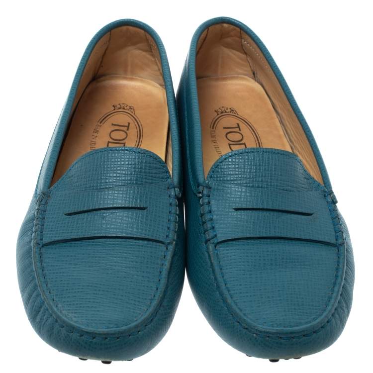 Pre Owned Tod's Blue Leather Gommino Slip On Loafers Size 37.5