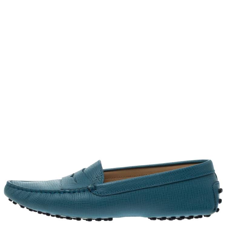 Pre Owned Tod's Blue Leather Gommino Slip On Loafers Size 37.5