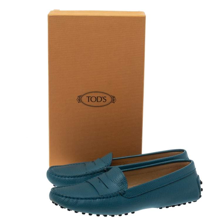 Pre Owned Tod's Blue Leather Gommino Slip On Loafers Size 37.5