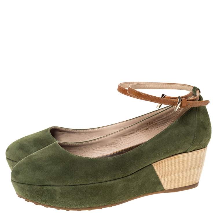 Pre Owned Tod's Green Suede Ankle Strap Platform Wedge Pumps Size 38.5