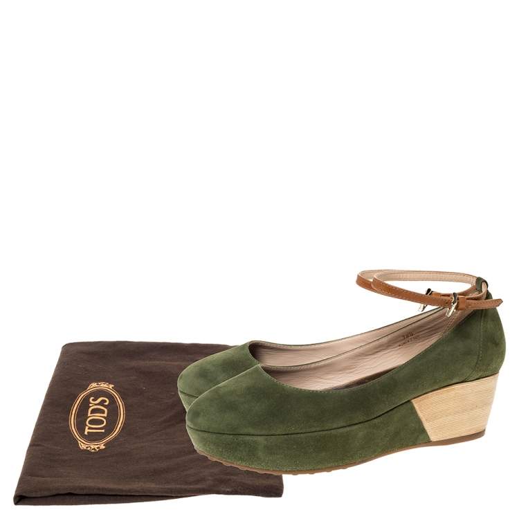 Pre Owned Tod's Green Suede Ankle Strap Platform Wedge Pumps Size 38.5