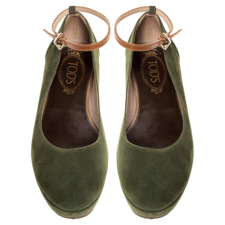 Pre Owned Tod's Green Suede Ankle Strap Platform Wedge Pumps Size 38.5