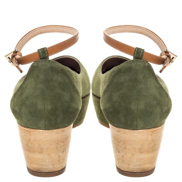 Pre Owned Tod's Green Suede Ankle Strap Platform Wedge Pumps Size 38.5