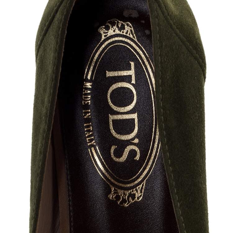 Pre Owned Tod's Green Suede Ankle Strap Platform Wedge Pumps Size 38.5