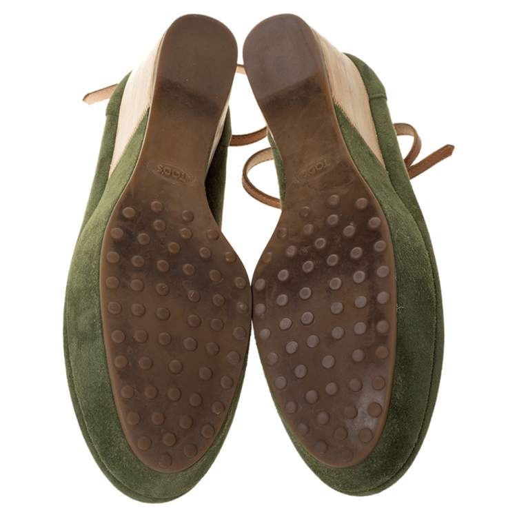 Pre Owned Tod's Green Suede Ankle Strap Platform Wedge Pumps Size 38.5