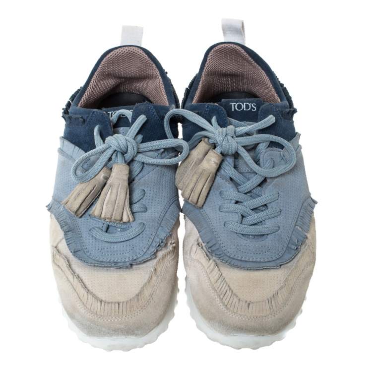 Pre Owned Tod's Tricolor Suede Leather Fringe Low Top Sneakers Size 37