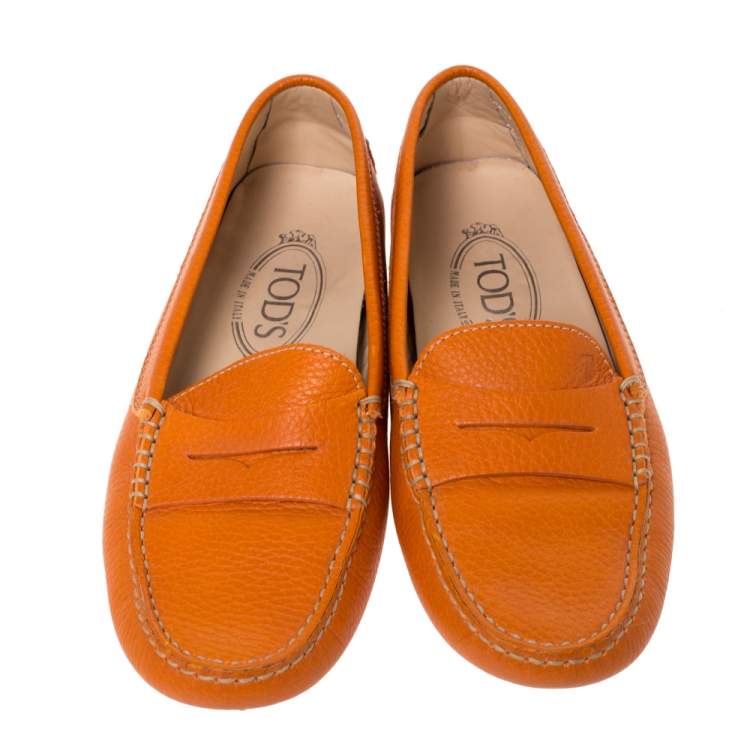 Pre Owned Tod's Orange Leather Penny Slip On Loafers Size 36.5