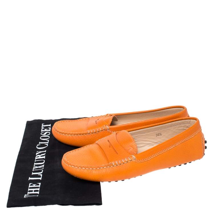Pre Owned Tod's Orange Leather Penny Slip On Loafers Size 36.5