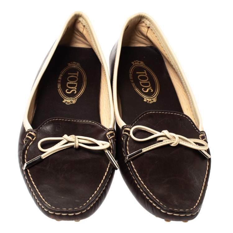 Pre Owned Tod's Brown Leather Square Toe Bow Loafers Size 40
