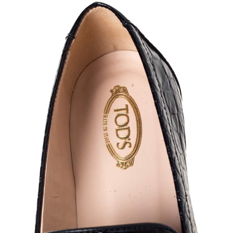 Pre Owned Tod's Black Croc Embossed Leather Double T Loafers Size 38.5