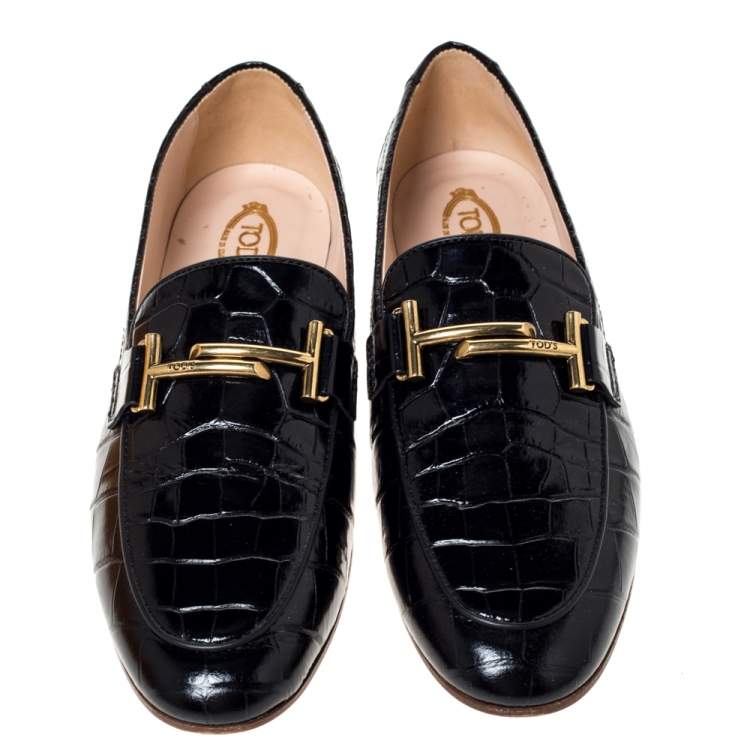 Pre Owned Tod's Black Croc Embossed Leather Double T Loafers Size 38.5