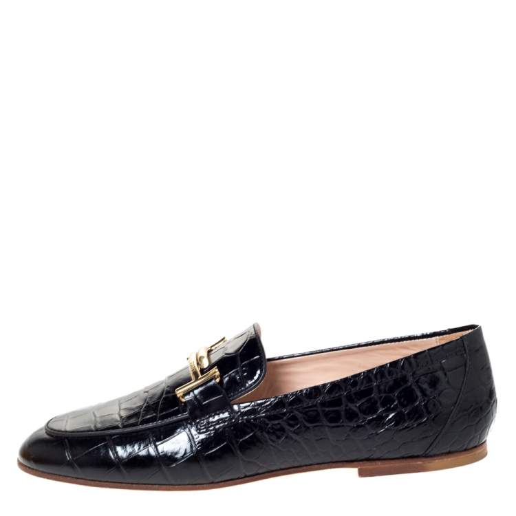 Pre Owned Tod's Black Croc Embossed Leather Double T Loafers Size 38.5