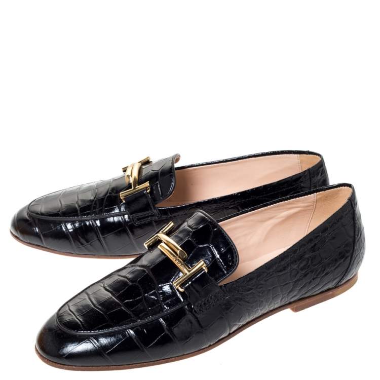 Pre Owned Tod's Black Croc Embossed Leather Double T Loafers Size 38.5