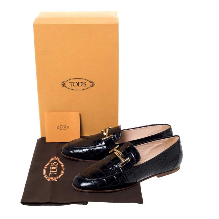 Pre Owned Tod's Black Croc Embossed Leather Double T Loafers Size 38.5