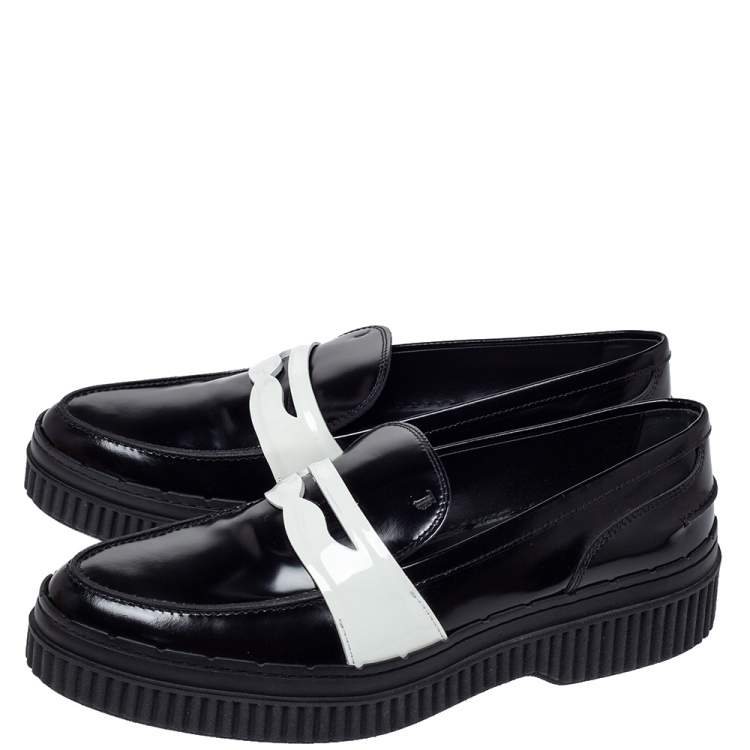 مملوكة مسبقًا Tod's Black/White Leather And Patent Platform Penny Loafers Size 41