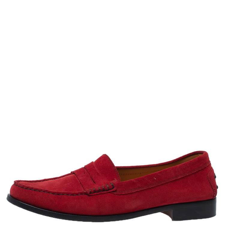 Pre Owned Tod’s Red Suede Leather Penny Slip On Loafers Size 41.5