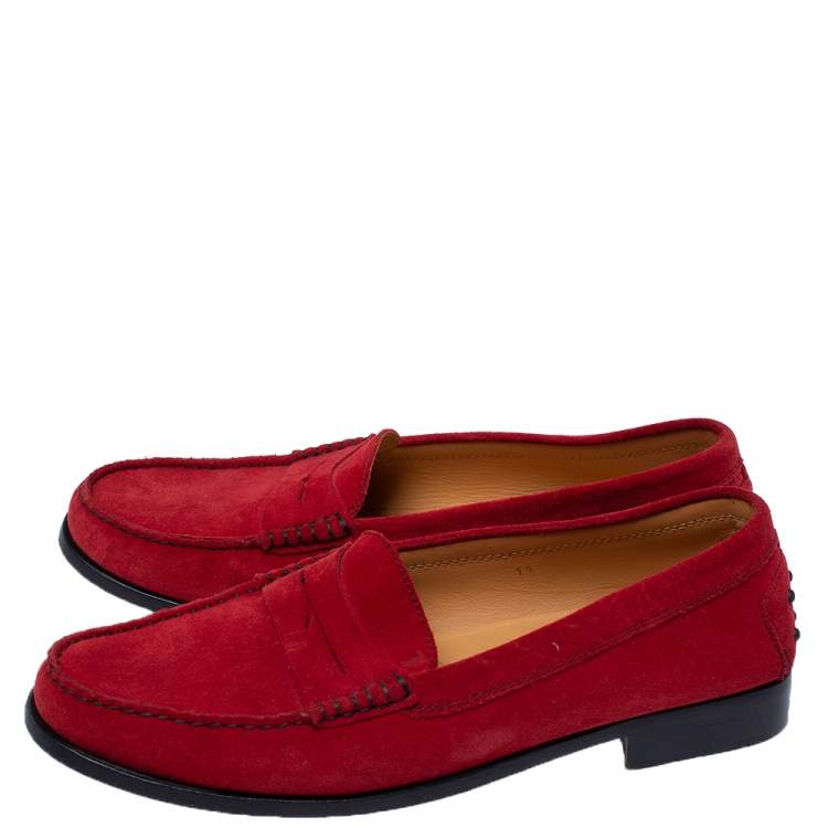 Pre Owned Tod’s Red Suede Leather Penny Slip On Loafers Size 41.5
