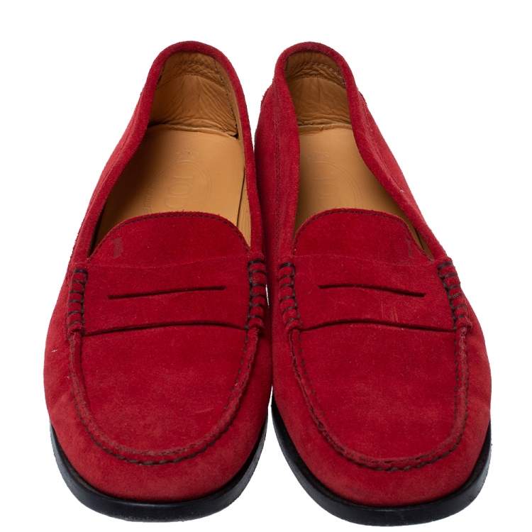 Pre Owned Tod’s Red Suede Leather Penny Slip On Loafers Size 41.5