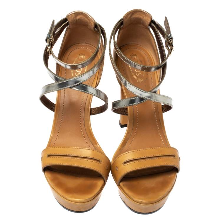 Pre Owned Tod's Light Brown/Metallic Leather Criss Cross Platform Sandals Size 40 