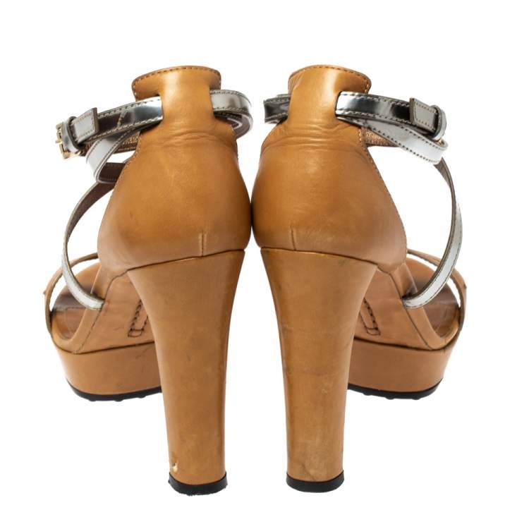 Pre Owned Tod's Light Brown/Metallic Leather Criss Cross Platform Sandals Size 40 