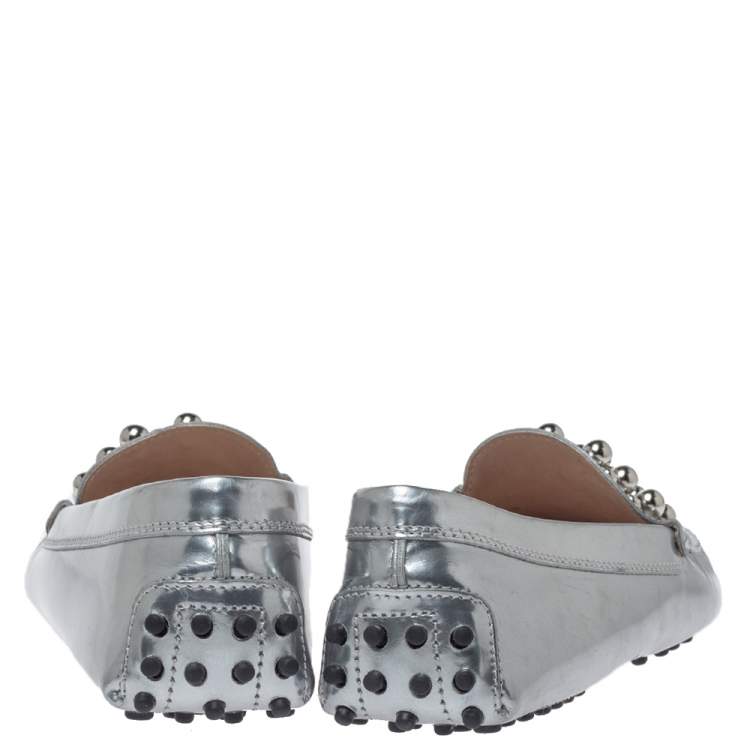 Pre Owned Tod's Silver Patent Leather Studded Loafers Size 38