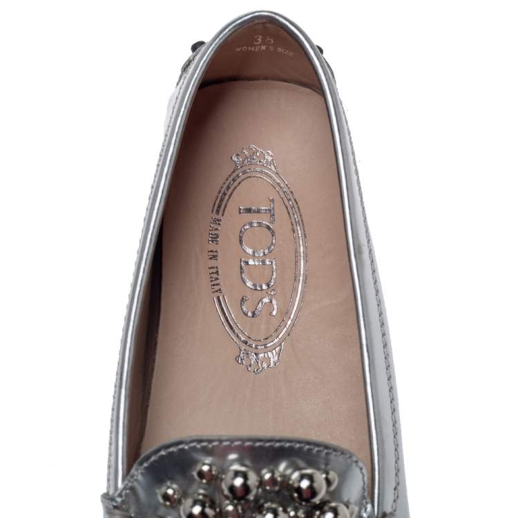 Pre Owned Tod's Silver Patent Leather Studded Loafers Size 38