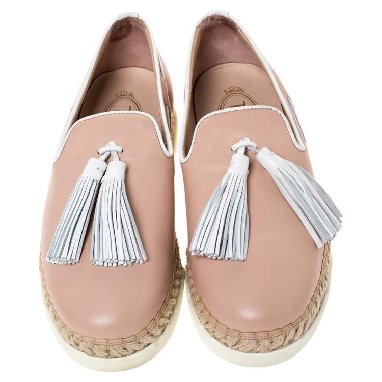 مملوكة مسبقًا Tod's Powder Pink Leather Tassel Espadrille Platform Sneaker Size 37.5