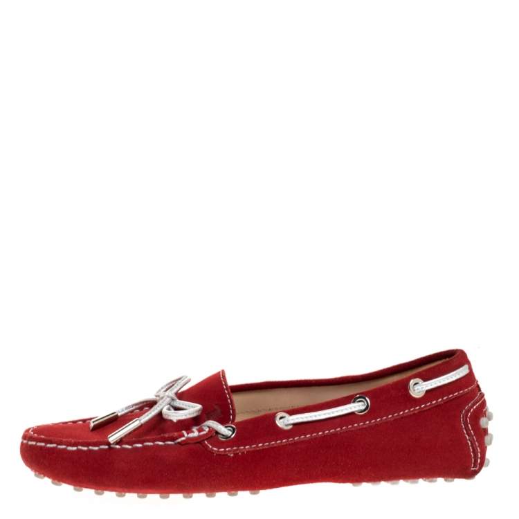 Pre Owned Tod's Red Suede And Silver Bow Loafers Size 35.5