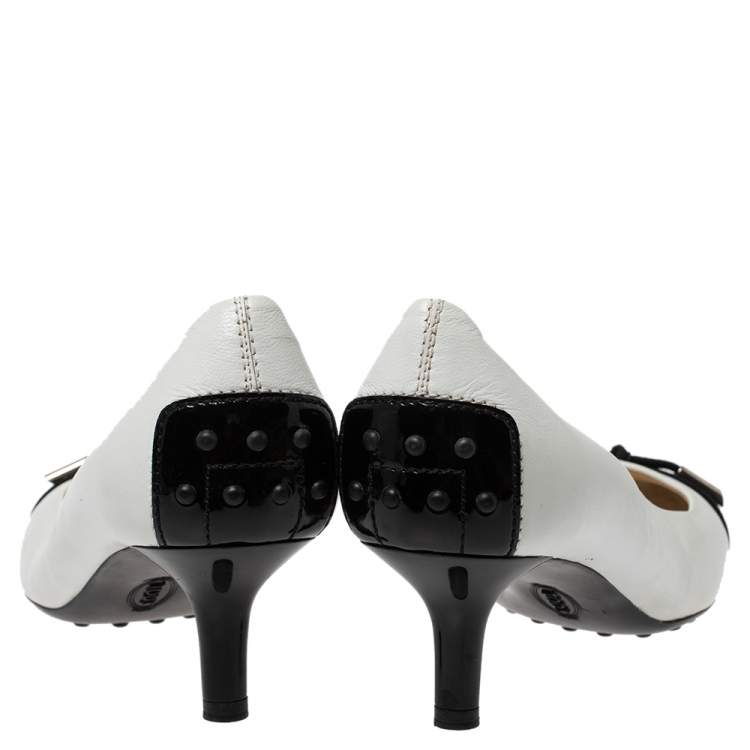 Pre Owned Tod's White Leather And Black Patent Cap Toe Bow Pumps Size 39.5