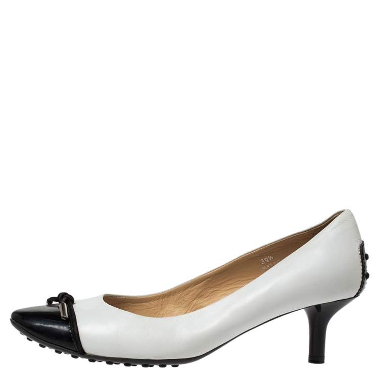 Pre Owned Tod's White Leather And Black Patent Cap Toe Bow Pumps Size 39.5