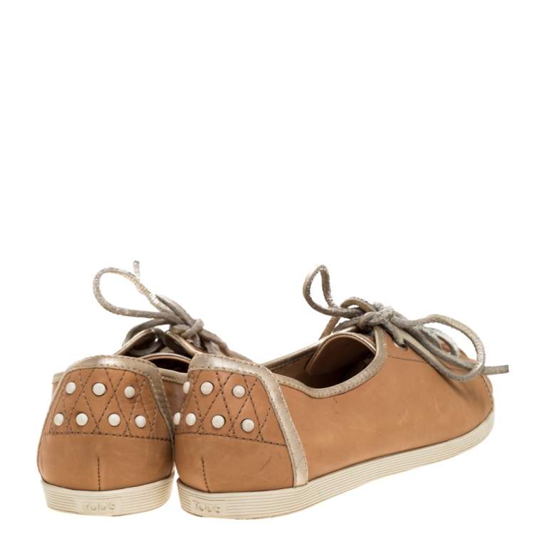 Pre Owned Tod's Brown/Gold Leather Lace Up Sneakers Size 38