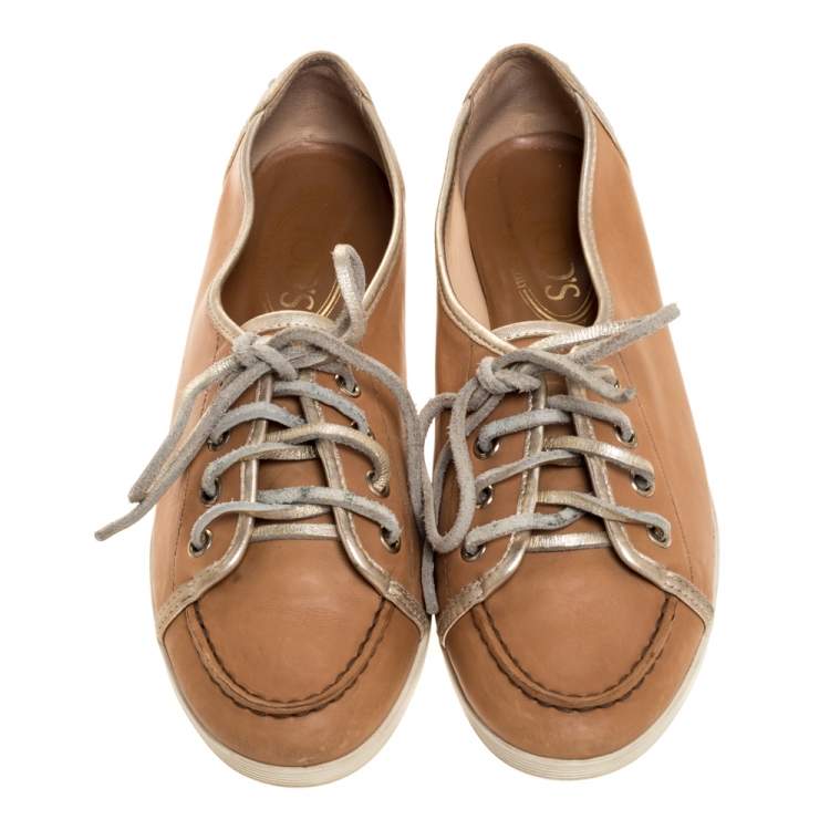 Pre Owned Tod's Brown/Gold Leather Lace Up Sneakers Size 38
