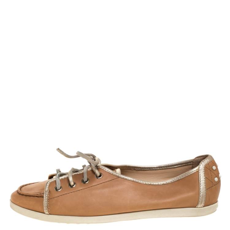 Pre Owned Tod's Brown/Gold Leather Lace Up Sneakers Size 38
