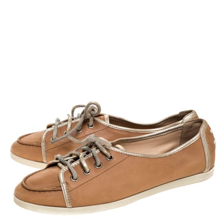 Pre Owned Tod's Brown/Gold Leather Lace Up Sneakers Size 38