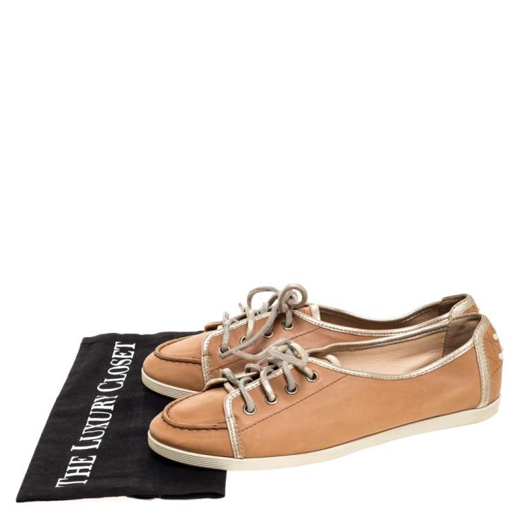 Pre Owned Tod's Brown/Gold Leather Lace Up Sneakers Size 38