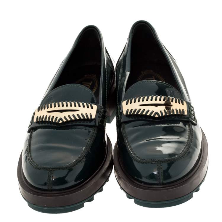 Pre Owned Tod's Green Patent Leather Whip Stitch Detail Platform Penny Loafers Size 36.5