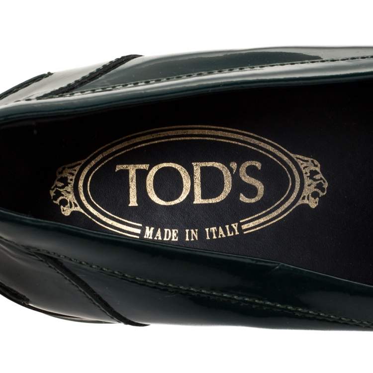 Pre Owned Tod's Green Patent Leather Whip Stitch Detail Platform Penny Loafers Size 36.5