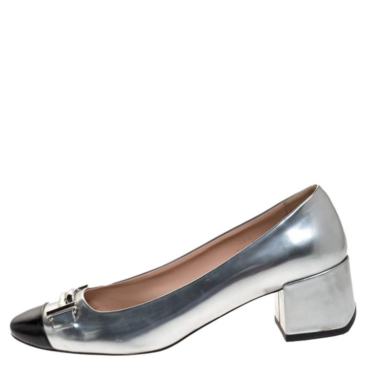 Pre Owned Tod's Silver/Black Foil Leather And Leather Cap Toe Block Heel Pumps Size 39.5