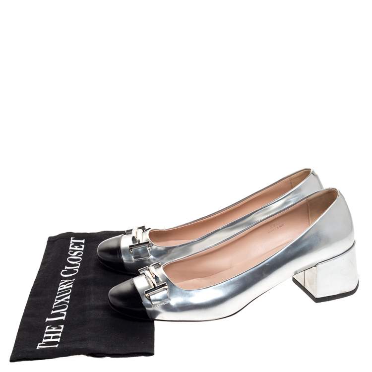 Pre Owned Tod's Silver/Black Foil Leather And Leather Cap Toe Block Heel Pumps Size 39.5