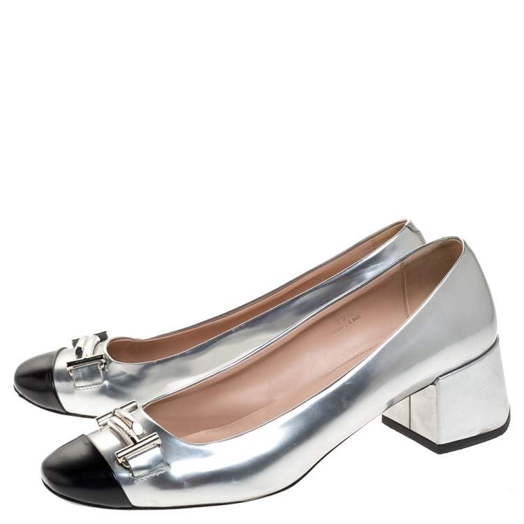 Pre Owned Tod's Silver/Black Foil Leather And Leather Cap Toe Block Heel Pumps Size 39.5