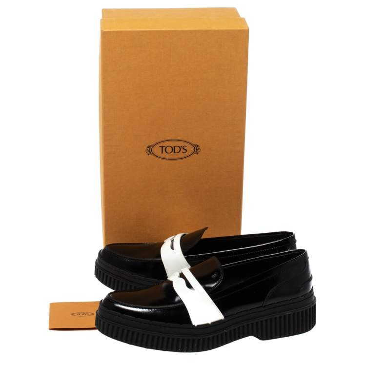 Pre Owned Tod's Black/White Leather And Patent Platform Penny Loafers Size 38
