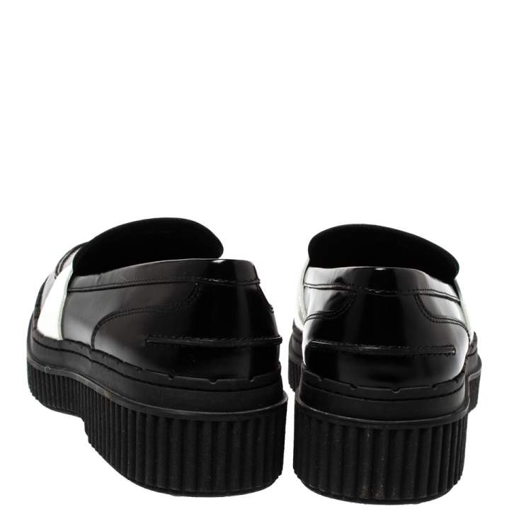 Pre Owned Tod's Black/White Leather And Patent Platform Penny Loafers Size 38
