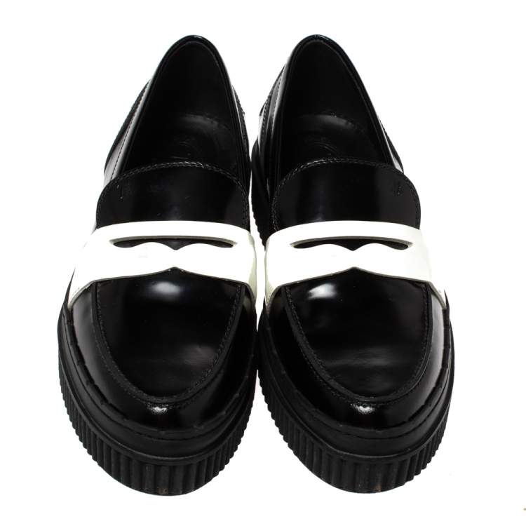 Pre Owned Tod's Black/White Leather And Patent Platform Penny Loafers Size 38
