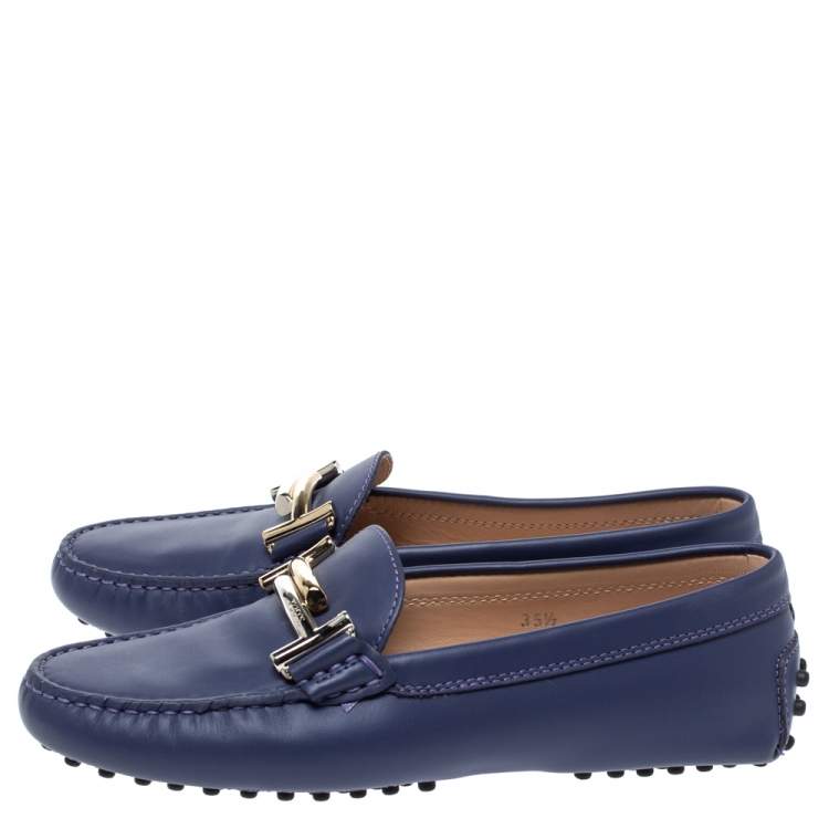 Pre Owned Tod's Blue Leather Double T Loafers Size 35.5