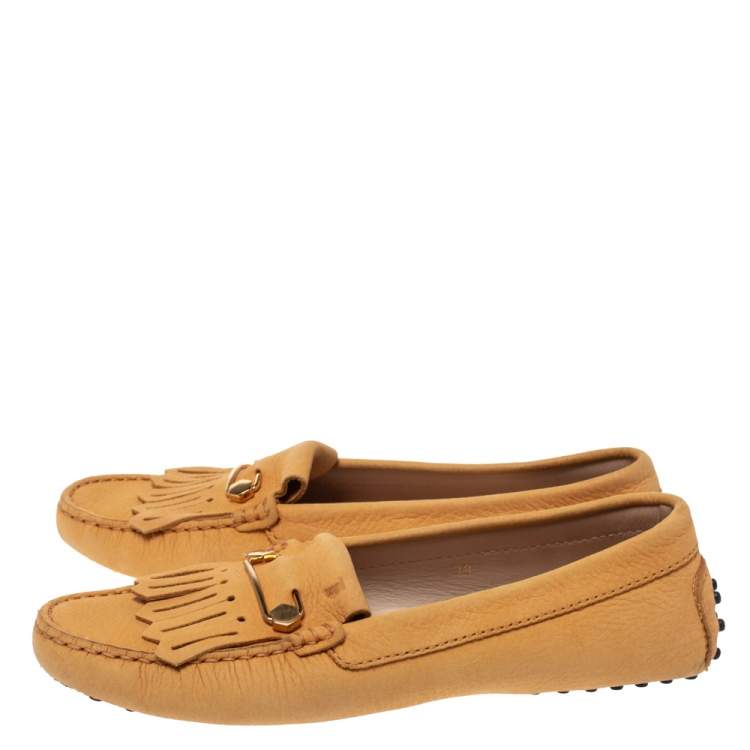 Pre Owned Tod's Mustard Nubuck Leather Pin Fringe Loafers Size 38