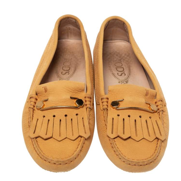 Pre Owned Tod's Mustard Nubuck Leather Pin Fringe Loafers Size 38
