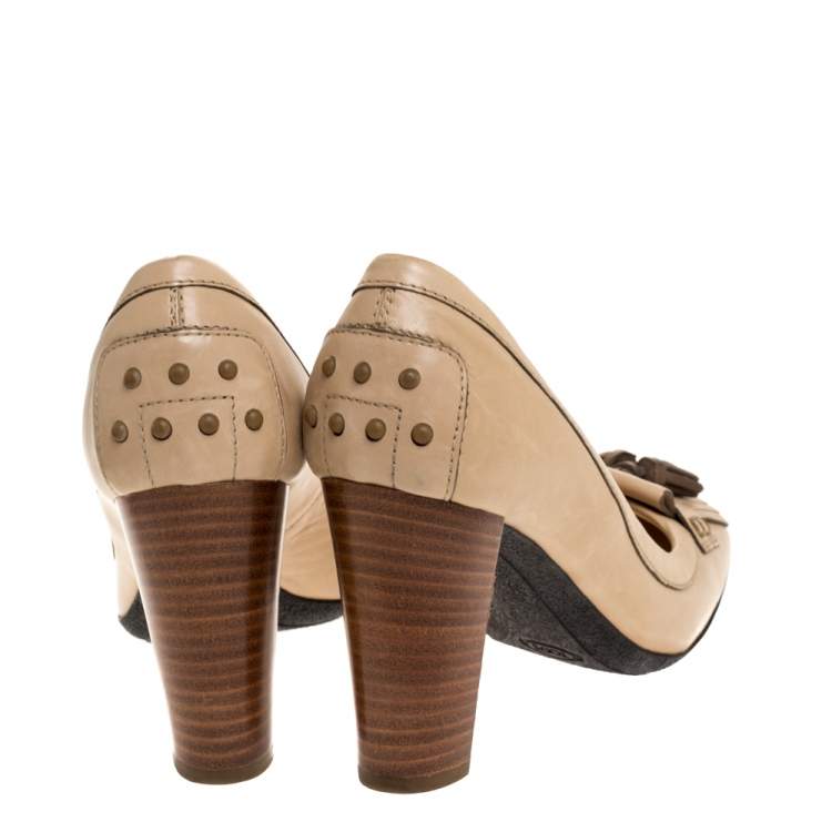 Pre Owned Tod's Cream Leather Tassel Fringe Detail Pumps Size 38