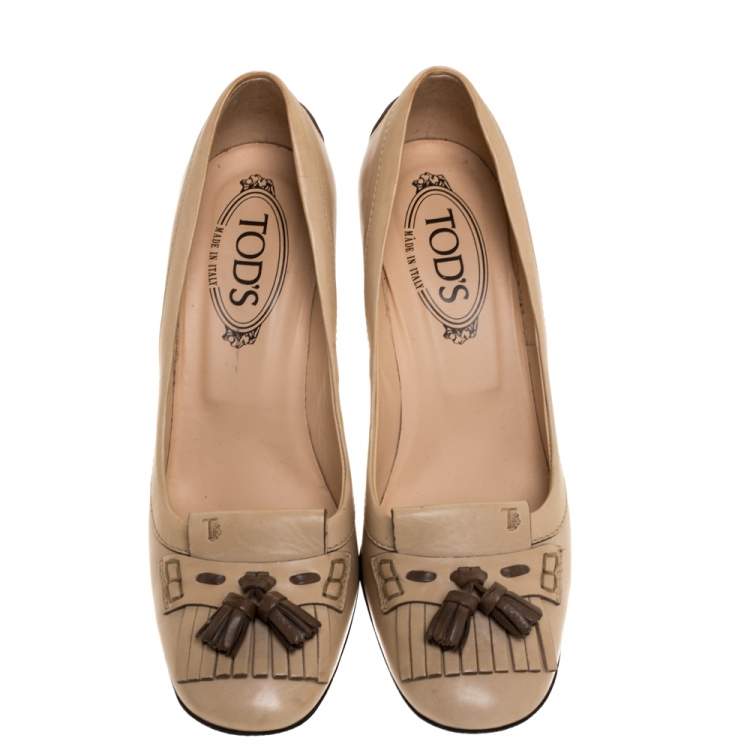 Pre Owned Tod's Cream Leather Tassel Fringe Detail Pumps Size 38